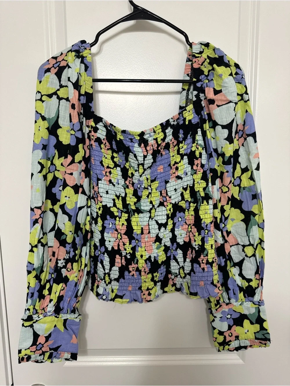 Free People Black Floral Smocked Long-Sleeve Top Size Medium